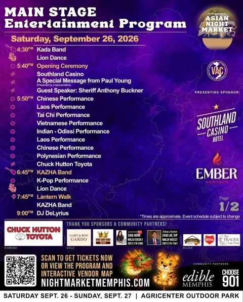 Saturday, September 26 main stage program. 4:30 PM Kada Band and Lion Dance. 5:40 PM Opening Ceremony. 5:50 PM Chinese, Laos, Tai Chi, Vietnamese, Indian Odissi, and Polynesian performances. 6:45 PM KAZHA Band, K-Pop, and Lion Dance. 7:45 PM Lantern Walk and KAZHA Band. 9:00 PM DJ DeLyrius.