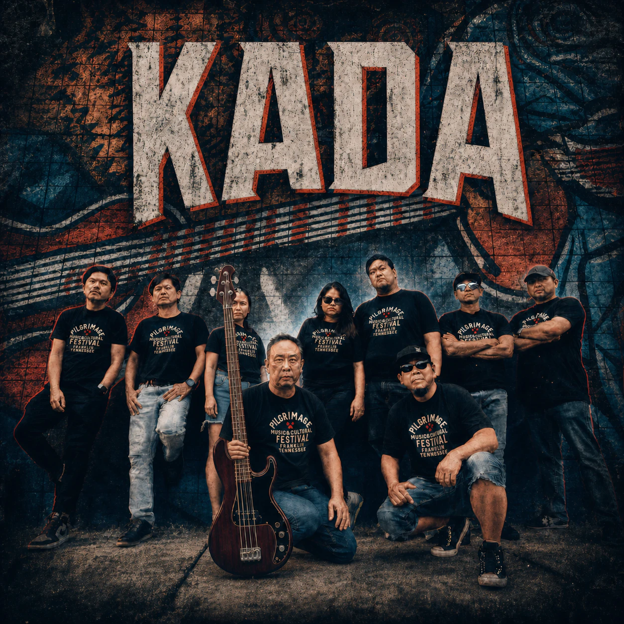 KADA, a Filipino pop and rock band, posing with a bass guitar in front of a mural