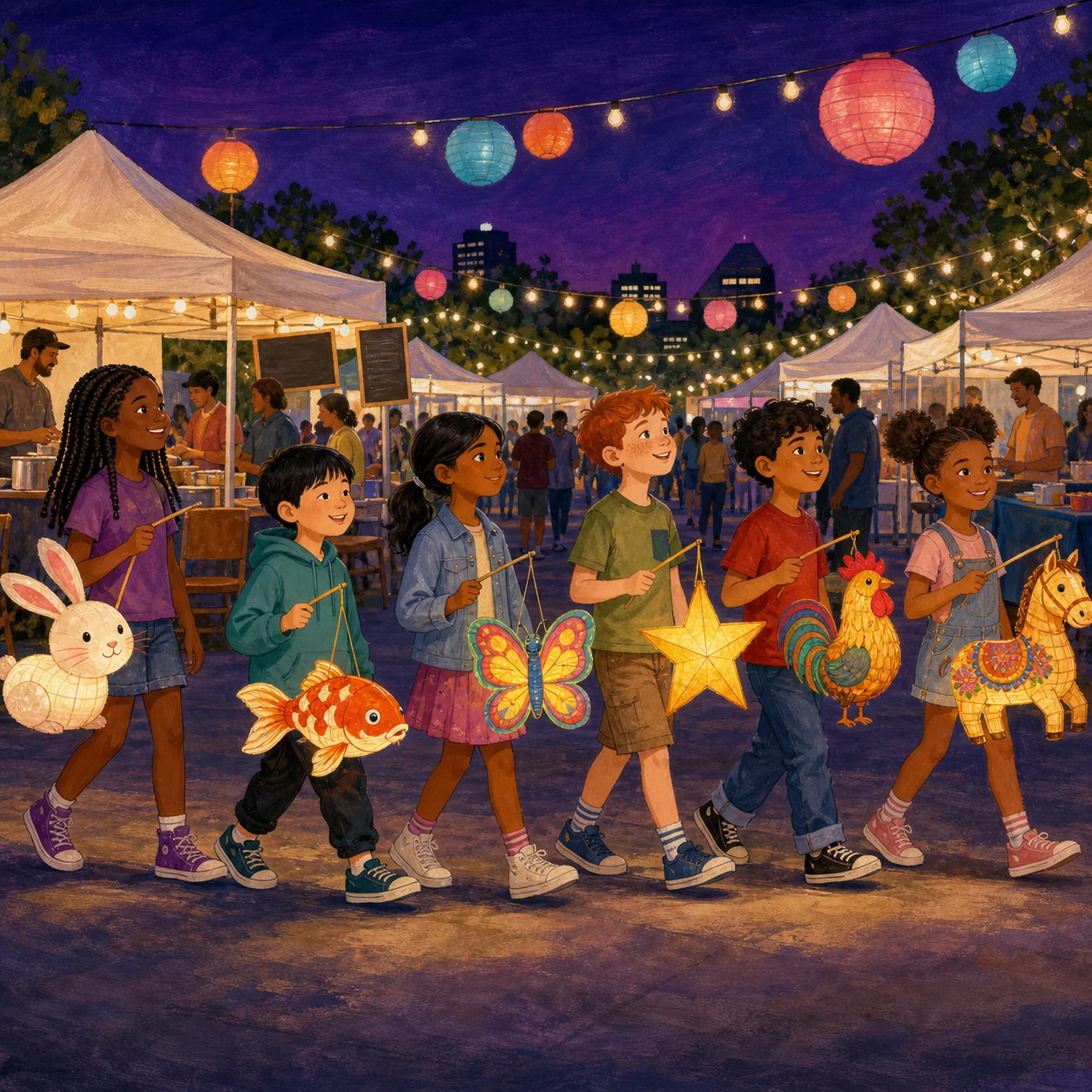 Diverse children walking in a line through a modern night market while carrying glowing animal lanterns