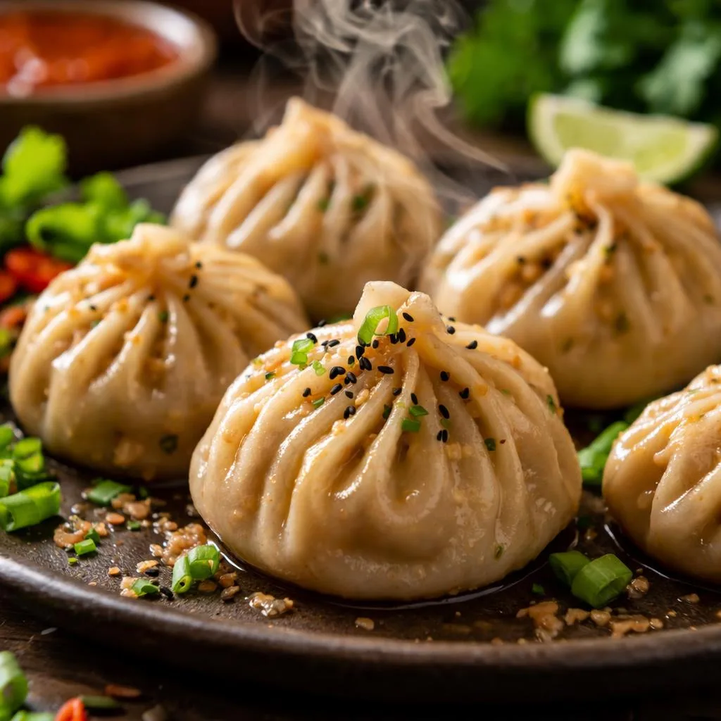 Steaming pleated momo dumplings garnished with scallions and sesame seeds