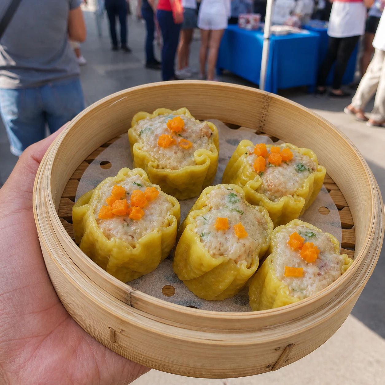 Shrimp siu mai in a bamboo steamer at Asian Night Market Memphis